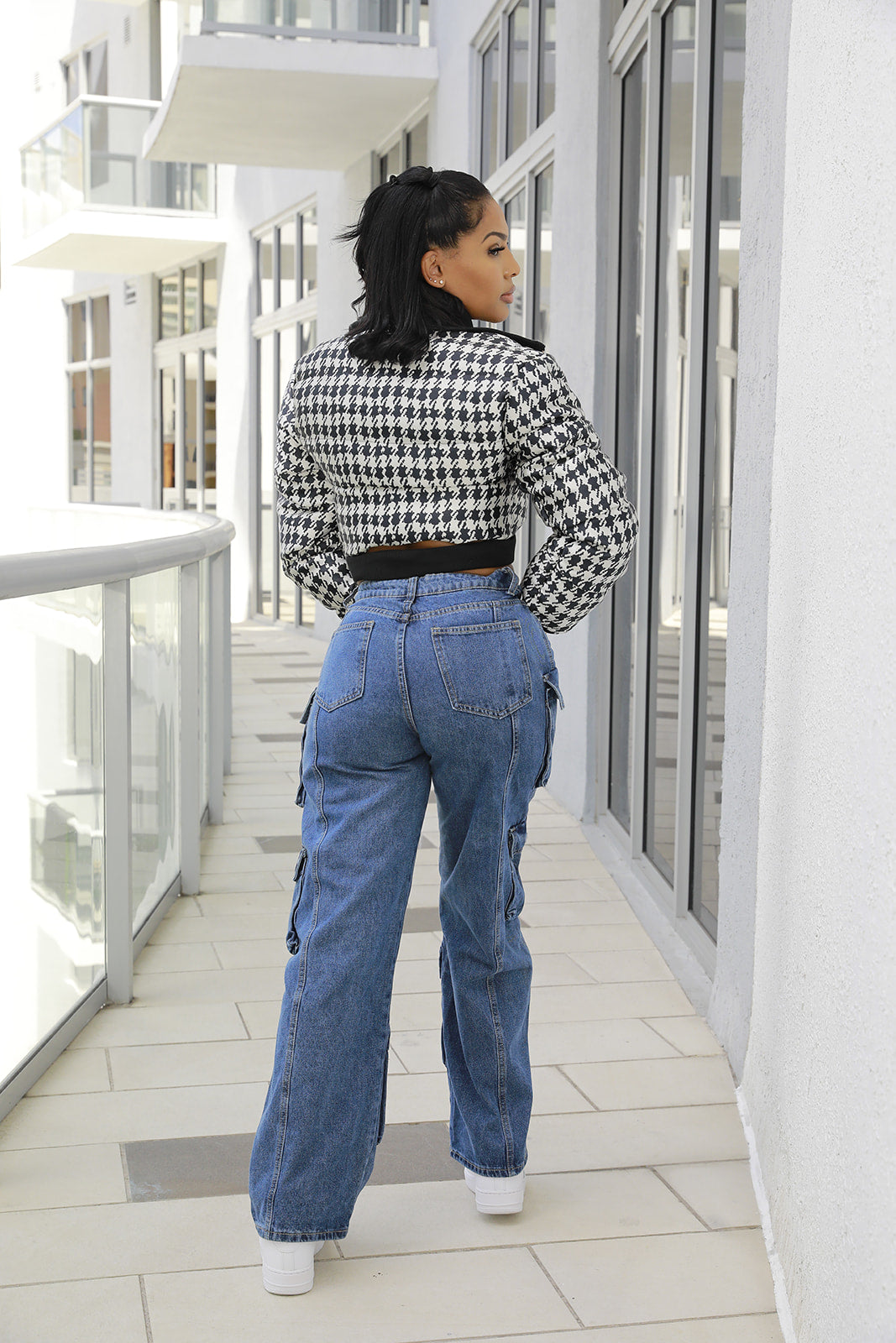 CROP HOUNDSTOOTH BUBBLE JACKET